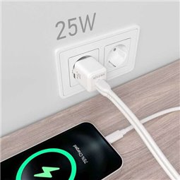 Aisens Chargeur Gan 25W - 1xUSB-C PD3.0 QC4.0 - 1xUSB-A QC3.0 - Blanc