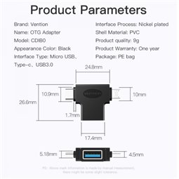 Adaptateur USB 3.0 USB-C mâle vers MicroUSB mâle Vention - Noir
