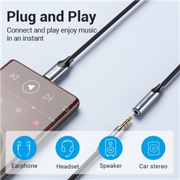Adaptateur Jack Audio Vention 3,5 mm Femelle vers USB-C - 0,10 m - Couleur Gris