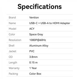 Adaptateur USB Type-C mâle vers USB mâle/HDMI femelle Vention - Gris