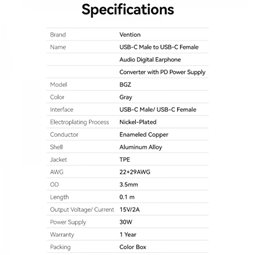 Convertisseur USB-C mâle vers 2x USB-C femelle Vention (audio et chargement) - Couleur grise
