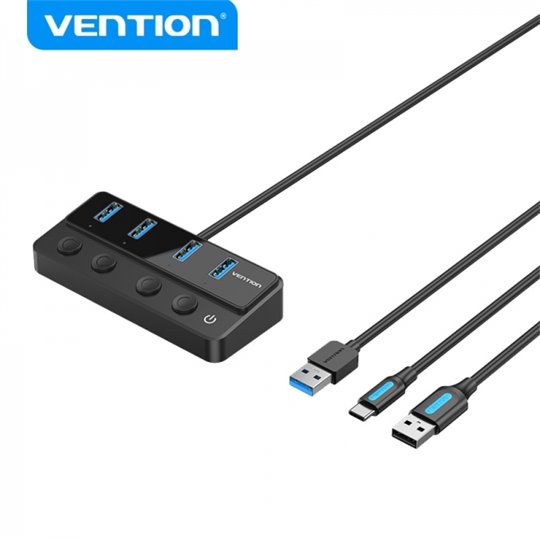 Vention HUB 4 en 1 USB 3.0 vers 4xUSB/USB-C PD avec câble de chargement USB mâle - USB-C - Couleur Noir Vention HUB 4 en 1 USB 3.0 vers 4xUSB/USB-C PD avec câble de chargement USB mâle - USB-C - Couleur Noir
